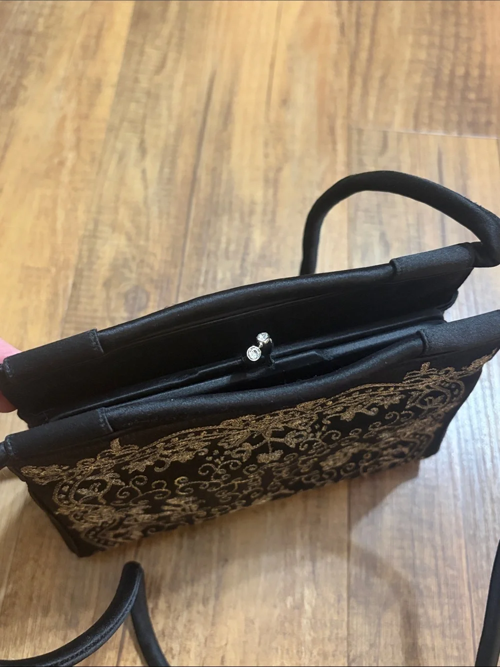 Michelle hatch New York black satin canopy embroidered handbag purse